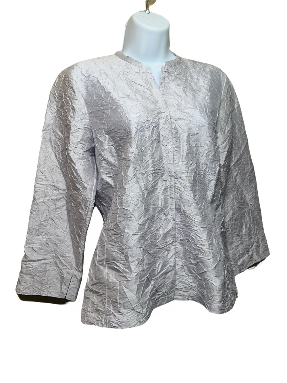 Eileen Fisher Silk Crinkle Mandarin Collar Top Champagne Silver XS